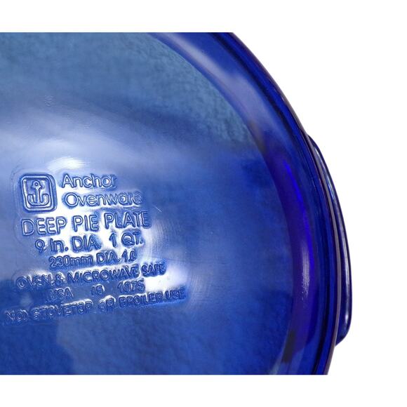 Anchor Hocking Glass Deep Dish Pie Pan Handles Cobalt Blue 9" x 1.5" 1 Quart Vtg - Picture 2 of 2